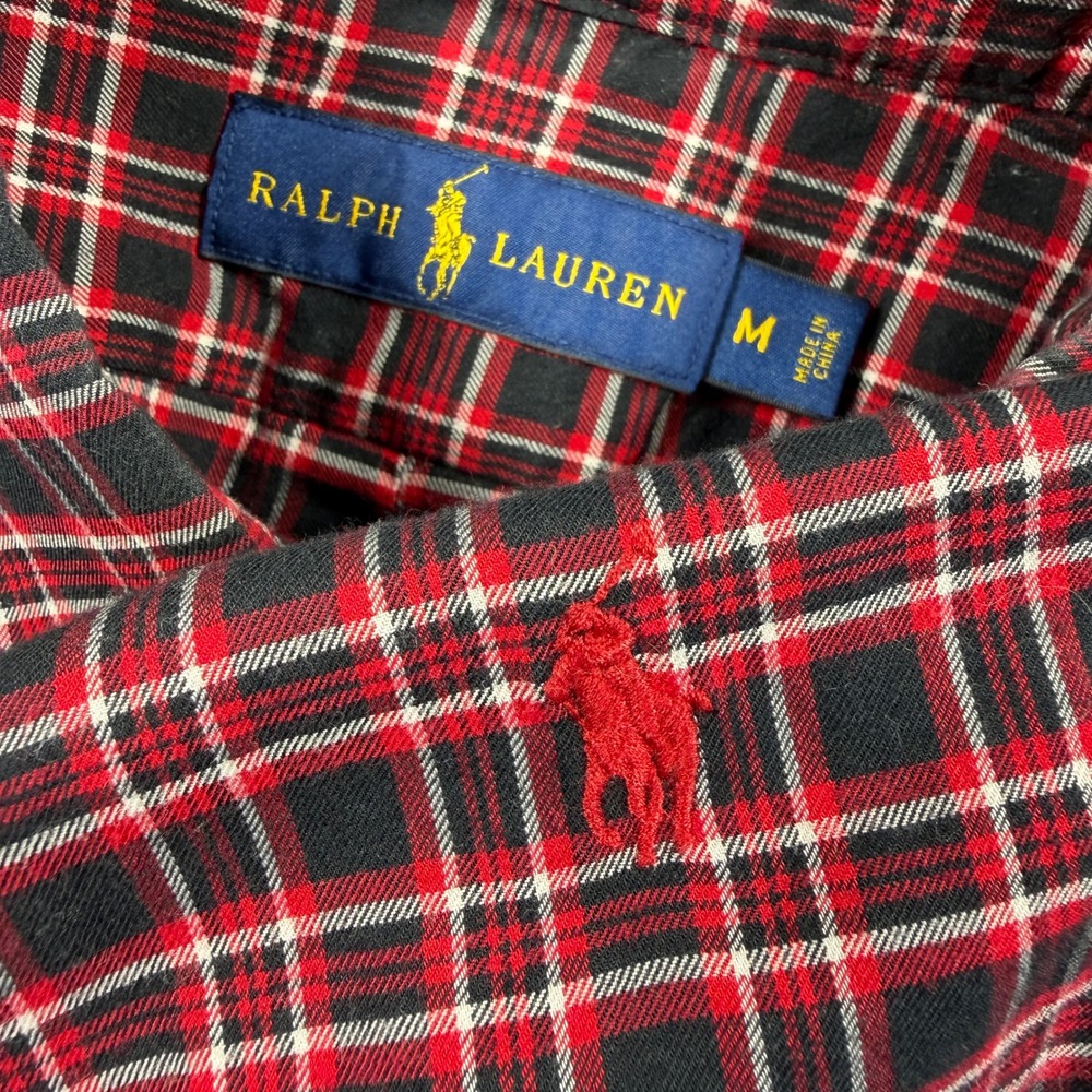 Ralph Lauren Mens M Red Black Plaid Button Down Shirt Long Sleeve Cotton Pony